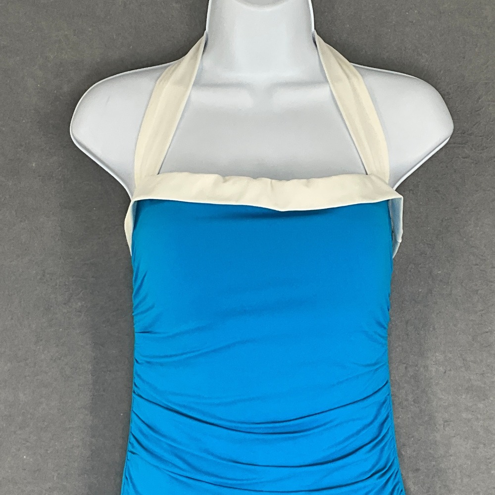 Lauren Ralph‎ Lauren One Piece Swimsuit Blue Ruched Skirt Halter Size 10 - Picture 4 of 11